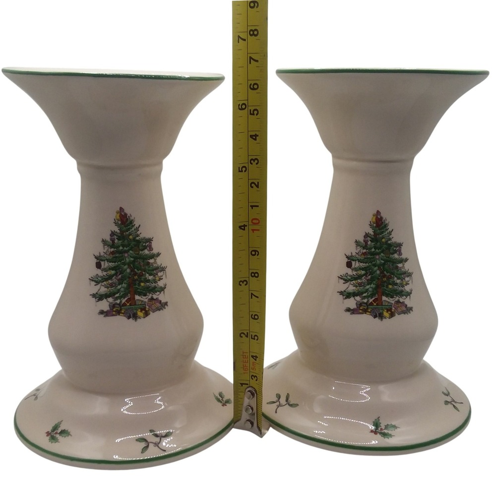 Spode Christmas Tree Candlestick Holders Pair S 3324-A8 6 1/2" Cream Green Holly